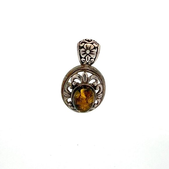 VTG Estate Sterling Silver & Amber Oval Floral Cut Out Pendant!‎ 126 - Picture 1 of 6